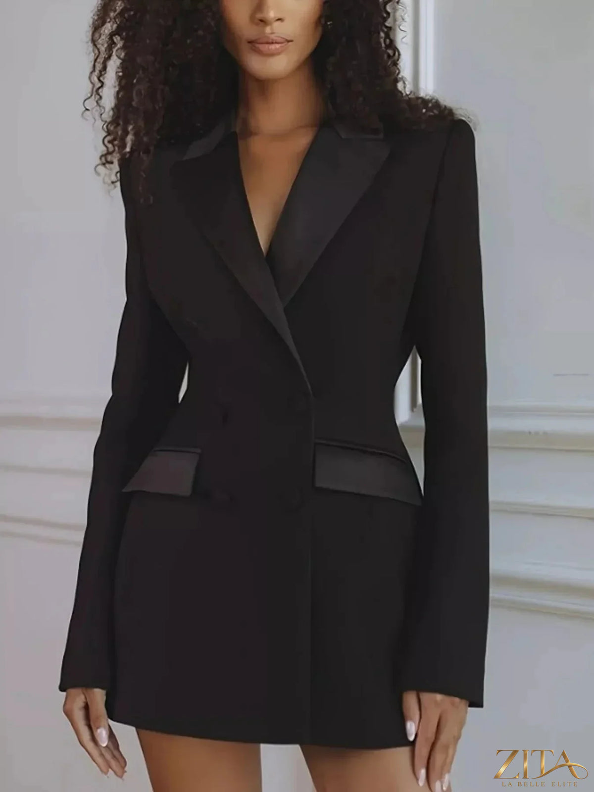 Zita La Belle Elite satin lapel double-breasted blazer, tailored fit with sleek satin details, front buttons, and stylish lapel design.