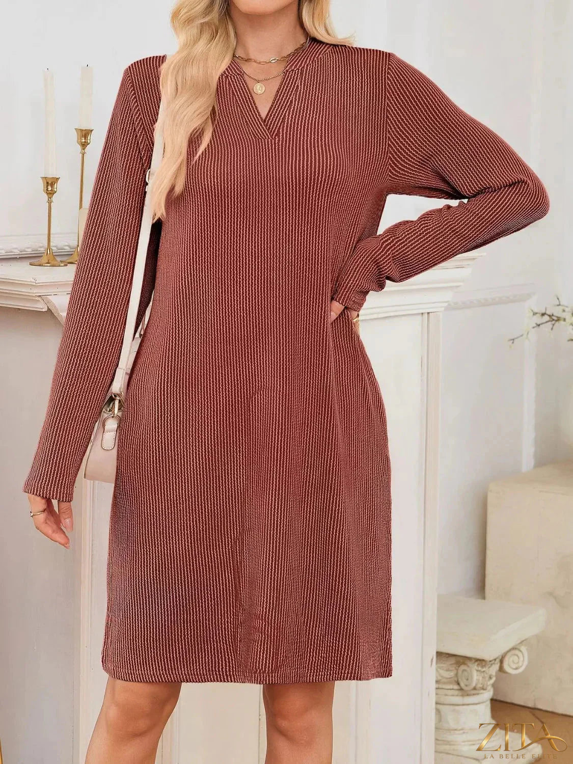 Zita La Belle Elite casual ribbed knit long sleeve dress in neutral color, featuring a fitted silhouette and soft fabric.