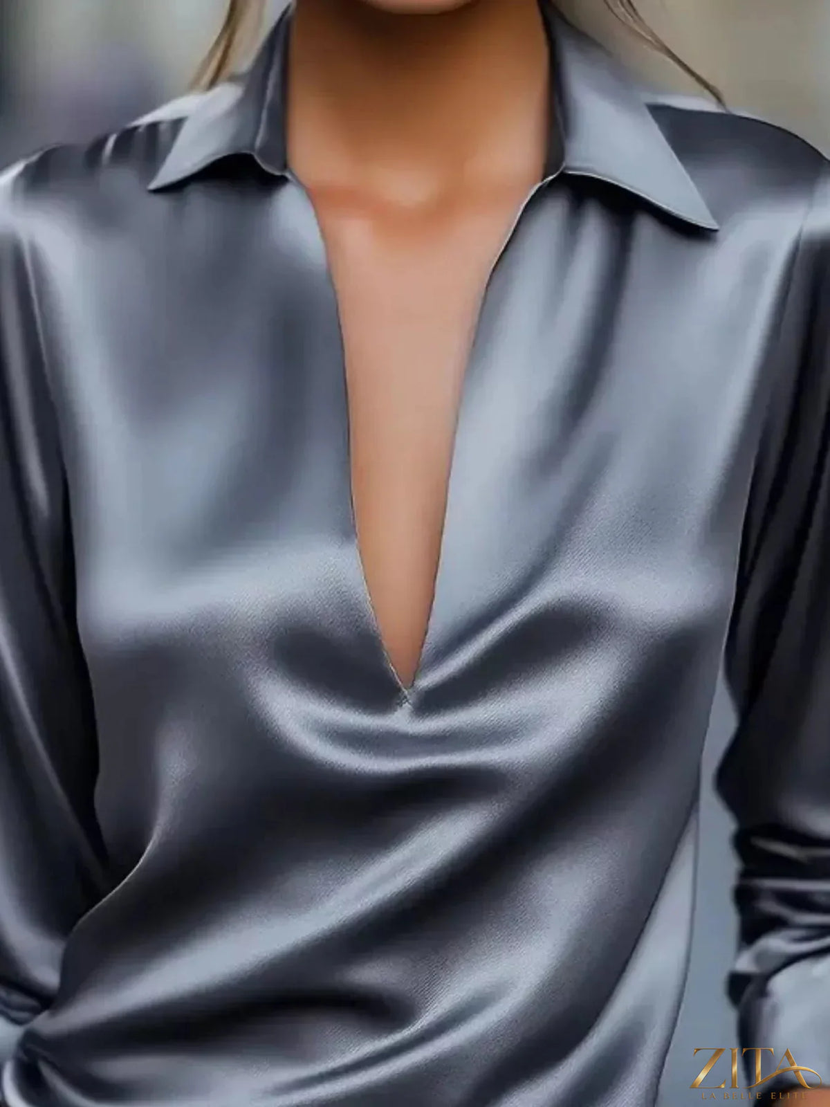 Zita La Belle Elite satin Johnny collar long sleeve blouse featuring a sleek, shiny fabric and classic button closure.