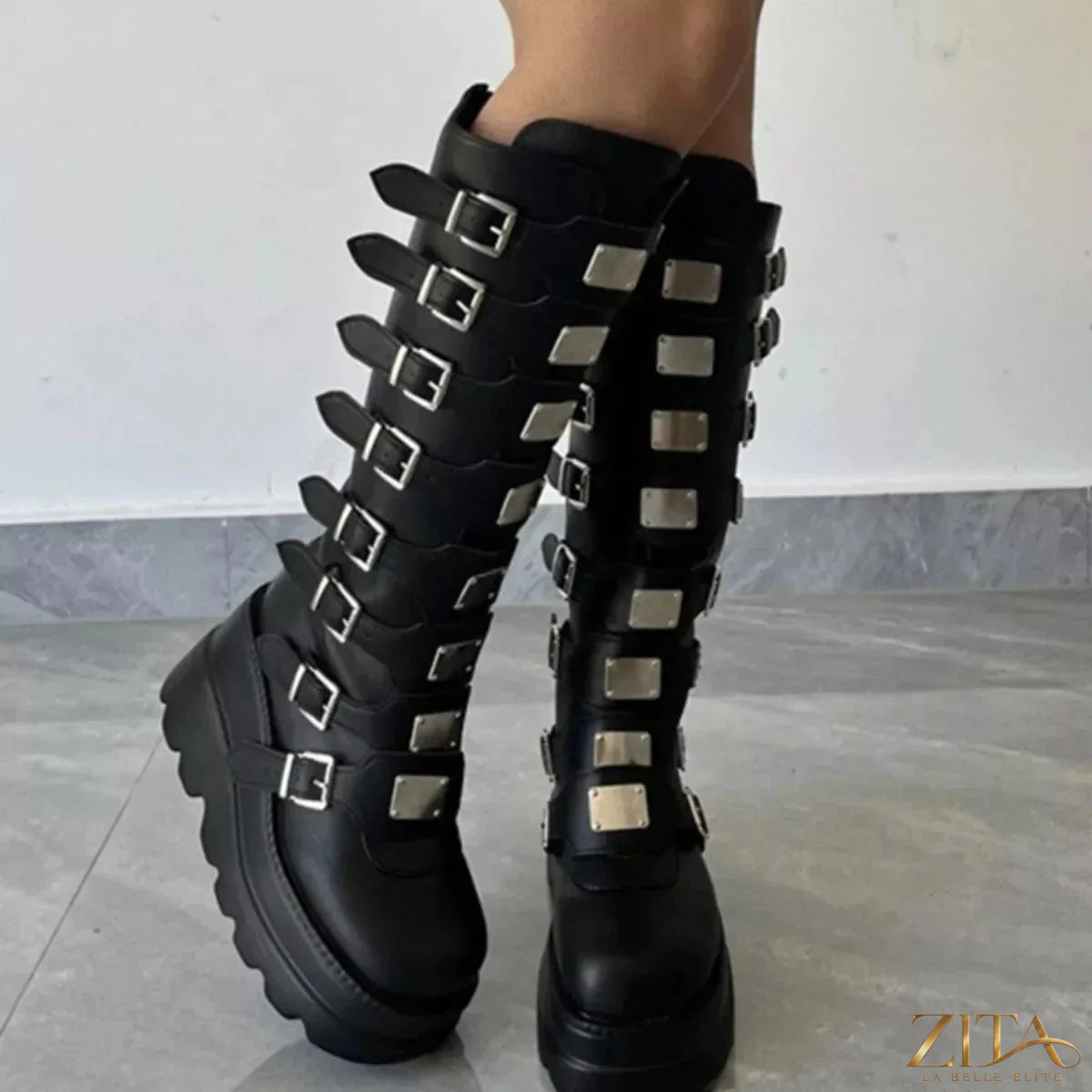 Zita La Belle Elite multi-buckle platform knee-high boots with chunky heels and stylish straps, made of black leather.