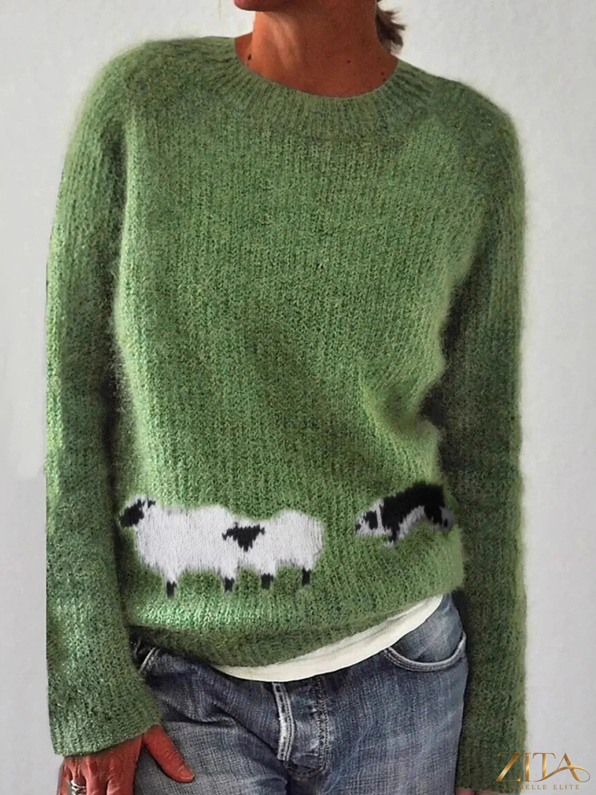 Plus size sheep pattern round neck sweater by Zita La Belle Elite, showing cozy knit fabric and sheep design on a full-size sweater.