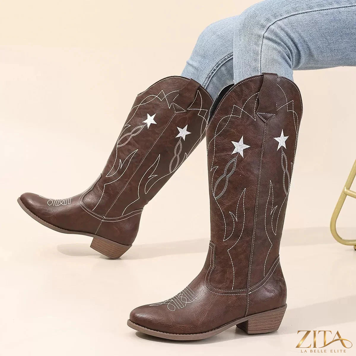 Western Star embroidered cowboy boots by Zita La Belle Elite featuring intricate Western star embroidery and classic cowboy boot style.