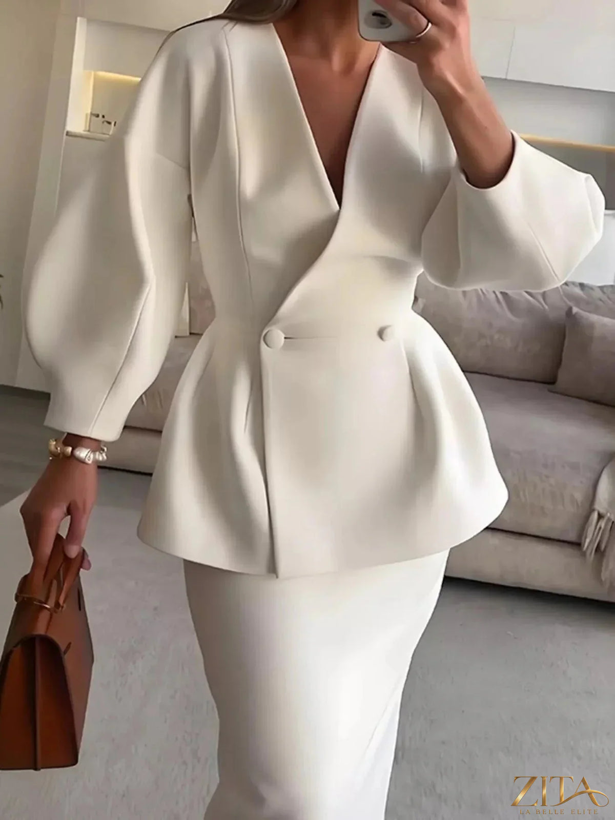 Zita La Belle Elite double-breasted peplum blazer and matching skirt set, tailored with structured fit and classic design.
