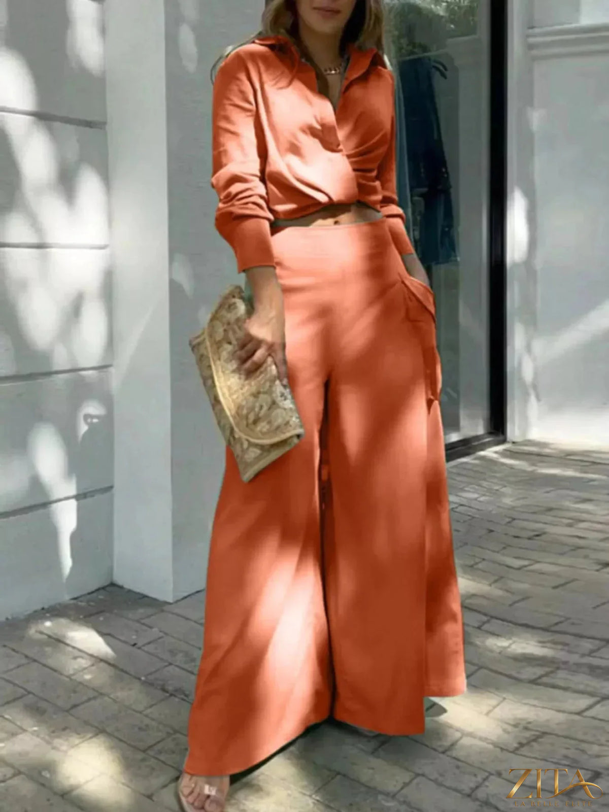 Zita La Belle Elite long sleeve shirt and wide leg pants set, stylish matching outfit with soft fabric and modern design.