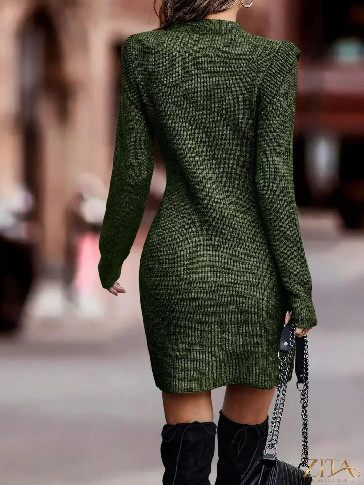 Zita La Belle Elite ribbed knit bodycon sweater dress in black, fitted style with long sleeves and high neckline.