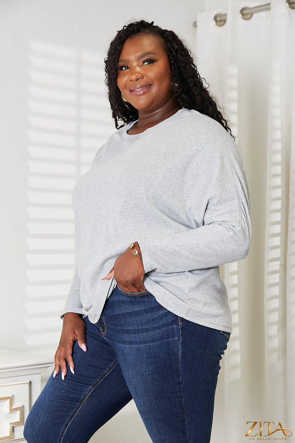 Zita La Belle Elite double take seam detail round neck long sleeve top, showcasing its stylish design and smooth fabric.