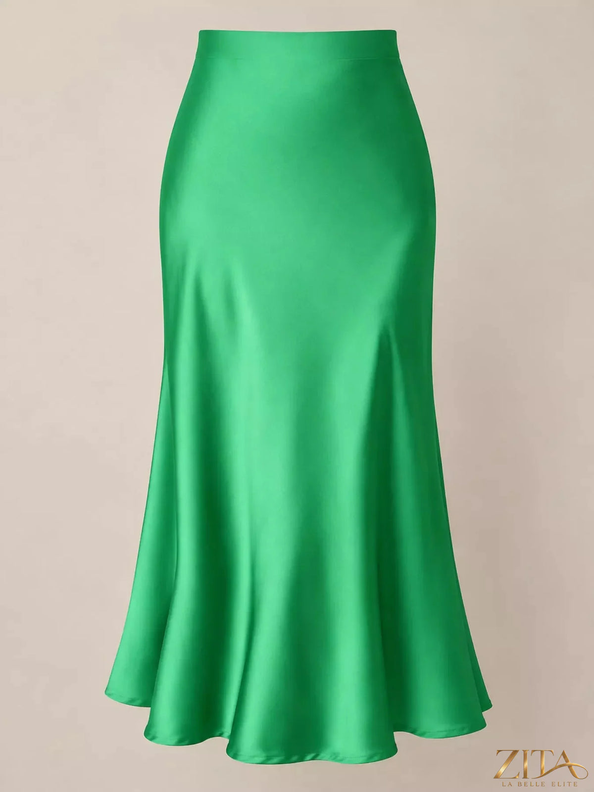 High-waisted satin midi skirt in a smooth, shiny fabric, styled with a sleek silhouette and elegant design.