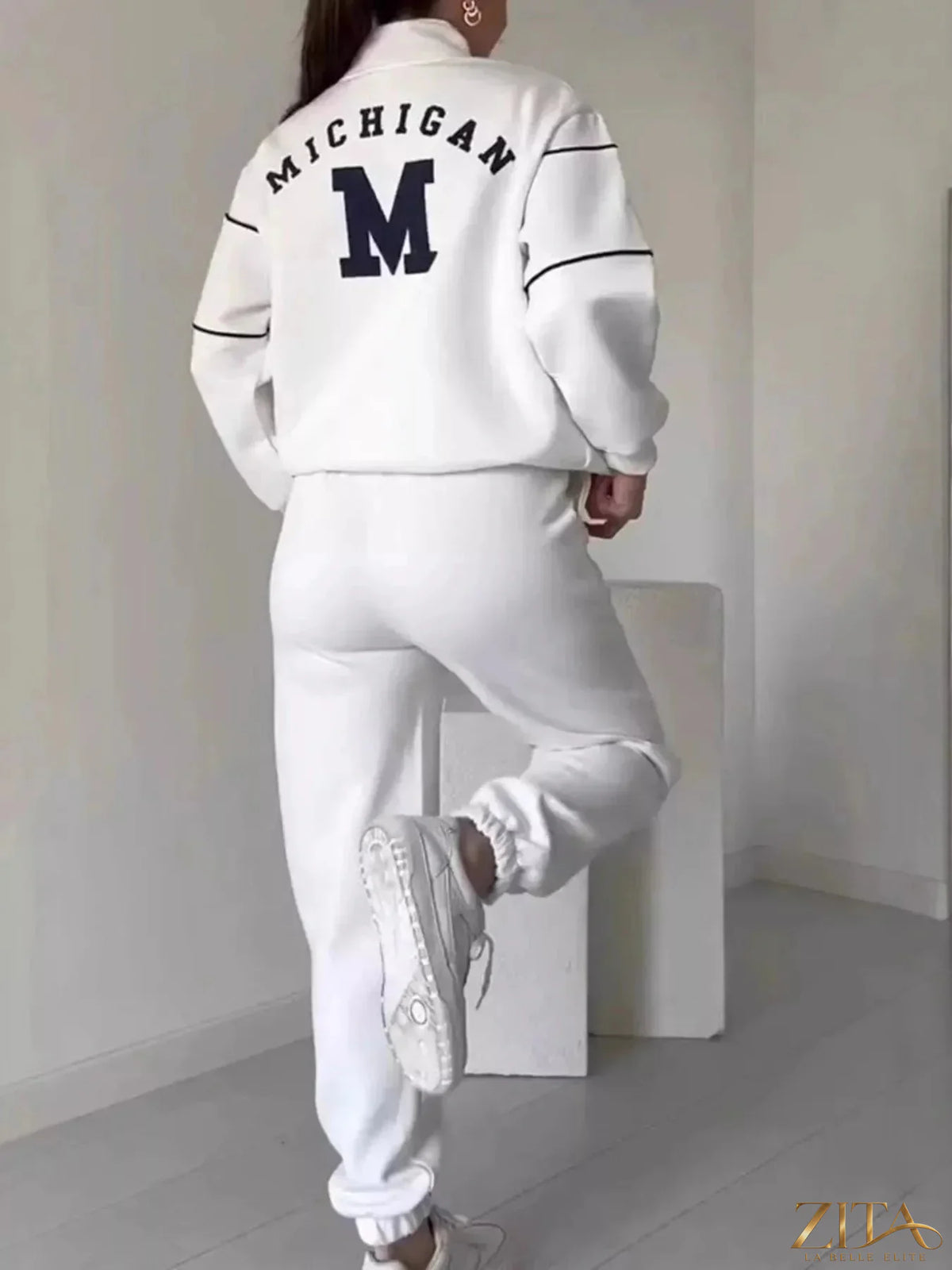 Plus size Zita La Belle Elite striped quarter zip top and pants set, full size loungewear with bold pattern and comfortable fit.