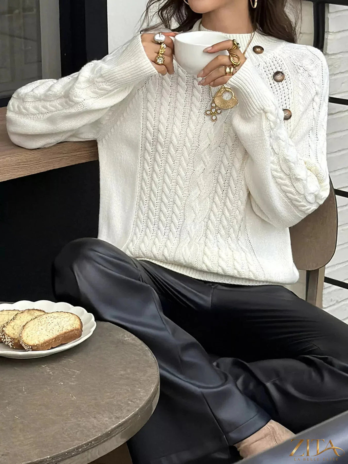 Zita La Belle Elite mock neck cable-knit sweater in cozy, textured knit with ribbed collar and cuffs, stylish and comfortable for winter.