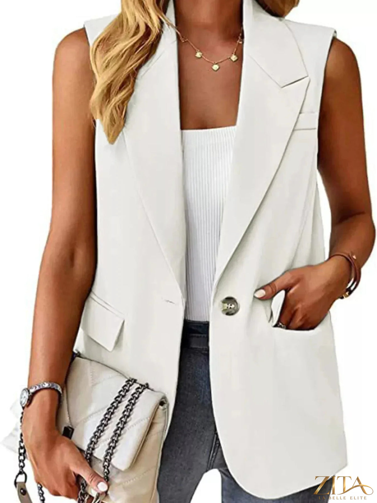 Plus size Zita La Belle Elite full size vest coat with one button lapel collar, shown in a front view with tailored fit.
