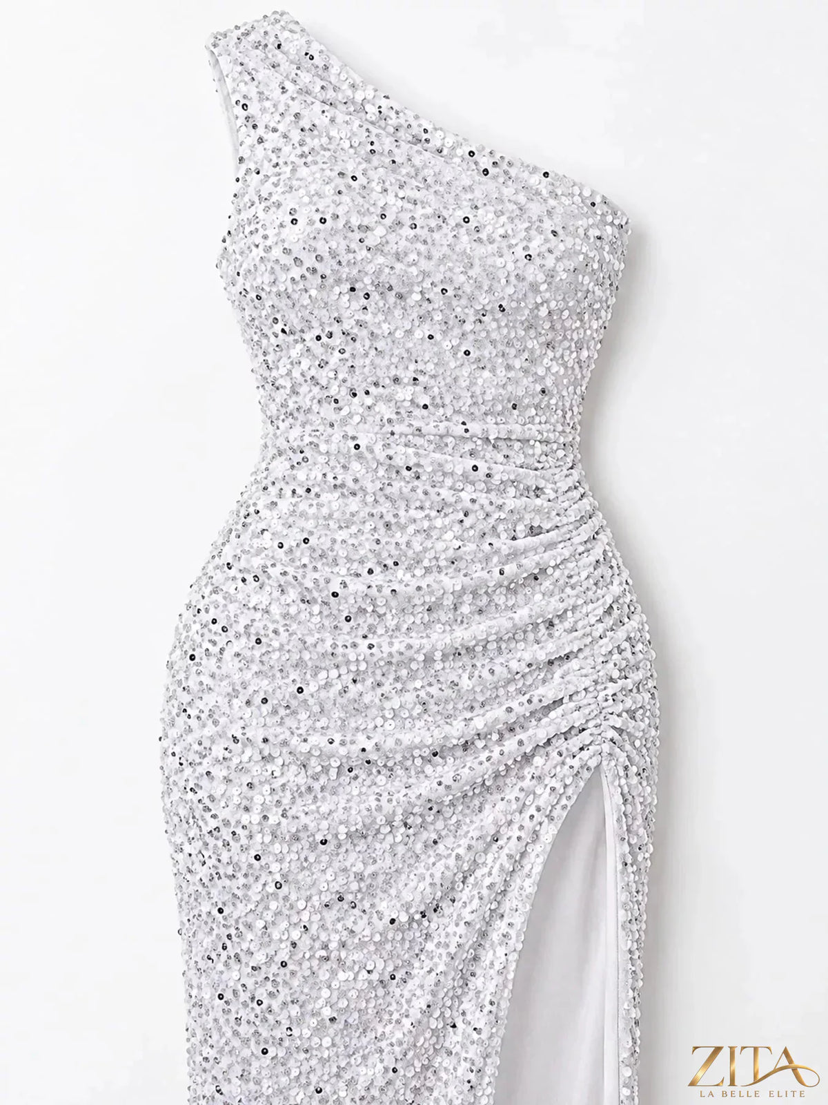 Zita La Belle Elite one-shoulder ruched sequin evening dress with high slit, elegant and glamorous for special occasions.