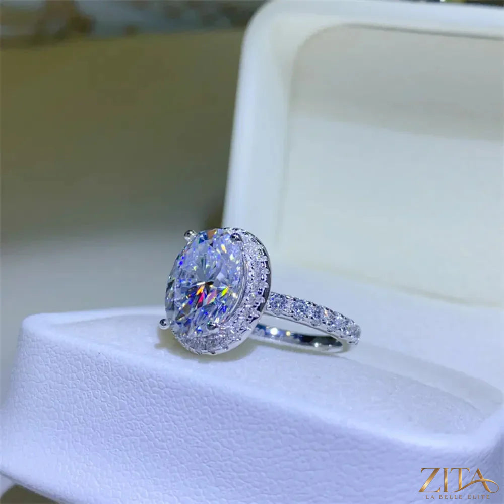 Sterling silver ring featuring a 5-carat moissanite gemstone, crafted by Trendsi, showcasing a sparkling, elegant design.