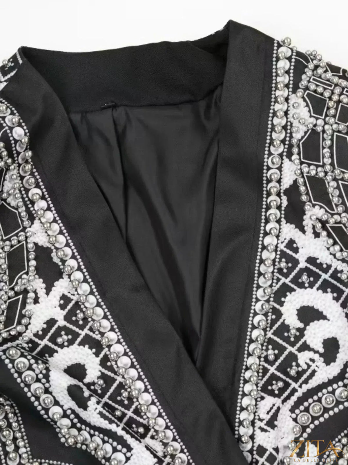 Plus size Zita La Belle Elite blazer with embellished pearl details and one-button closure, shown from the front.