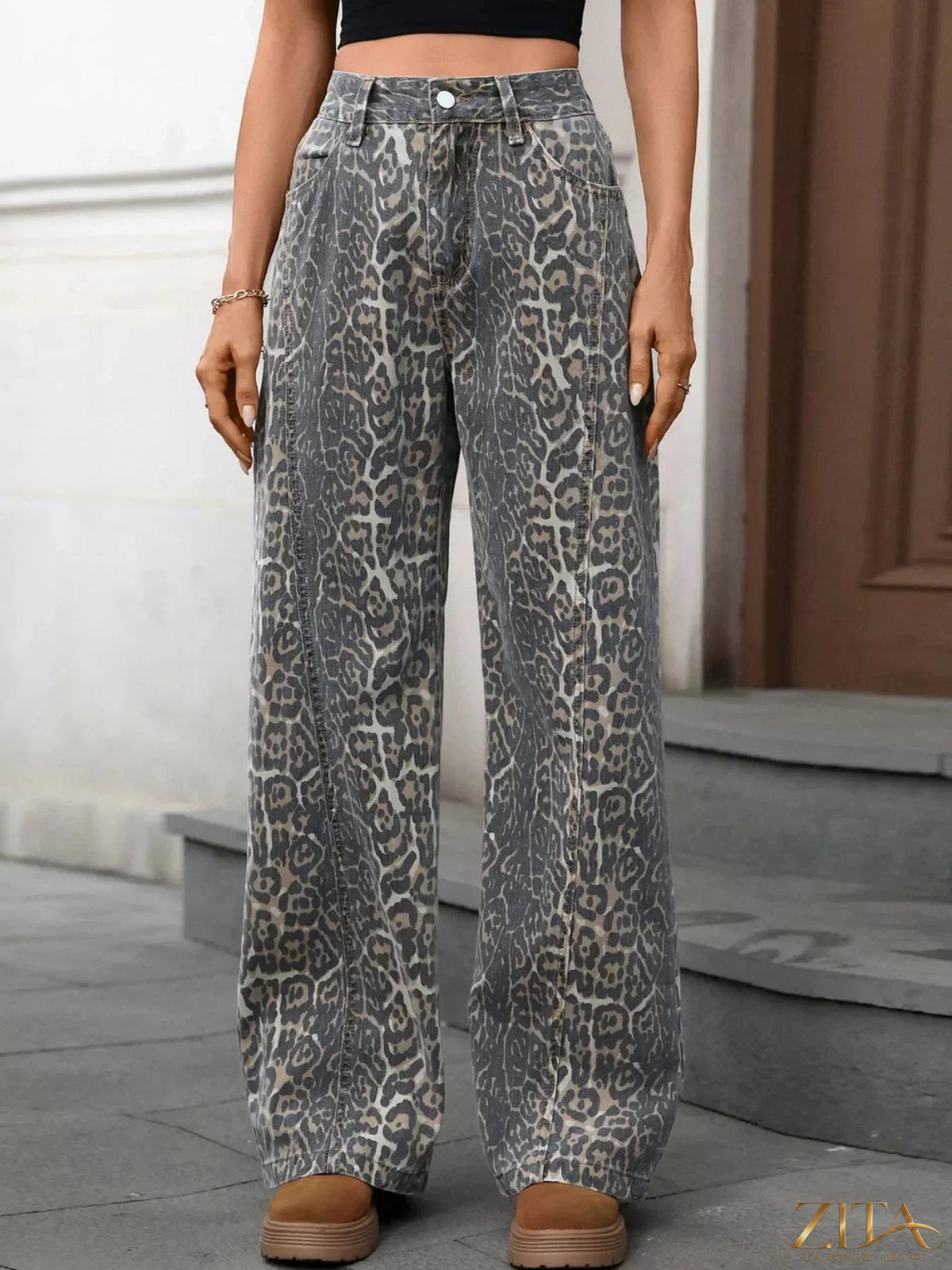Leopard print wide-leg high waist jeans by Zita La Belle Elite, showing the stylish fit and bold animal pattern.