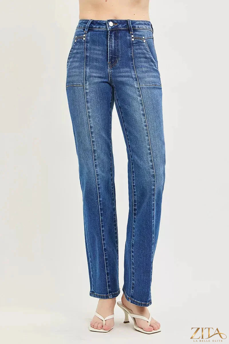 Zita La Belle Elite RISEN high rise straight jeans with patch pockets and seamed details, shown on a model.