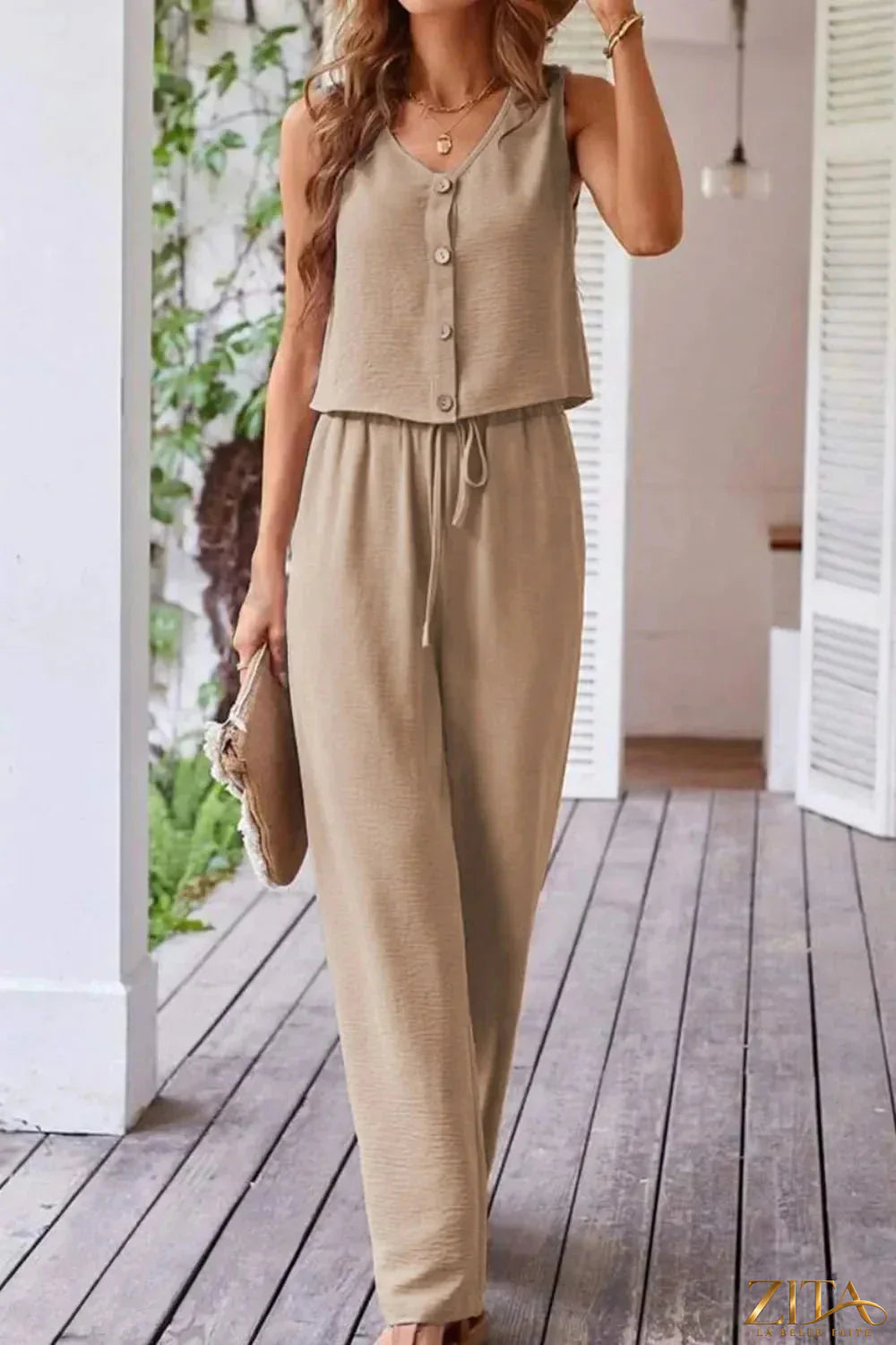 Zita La Belle Elite button-down vest and drawstring wide-leg pants set displayed on a mannequin, showcasing stylish matching outfit.