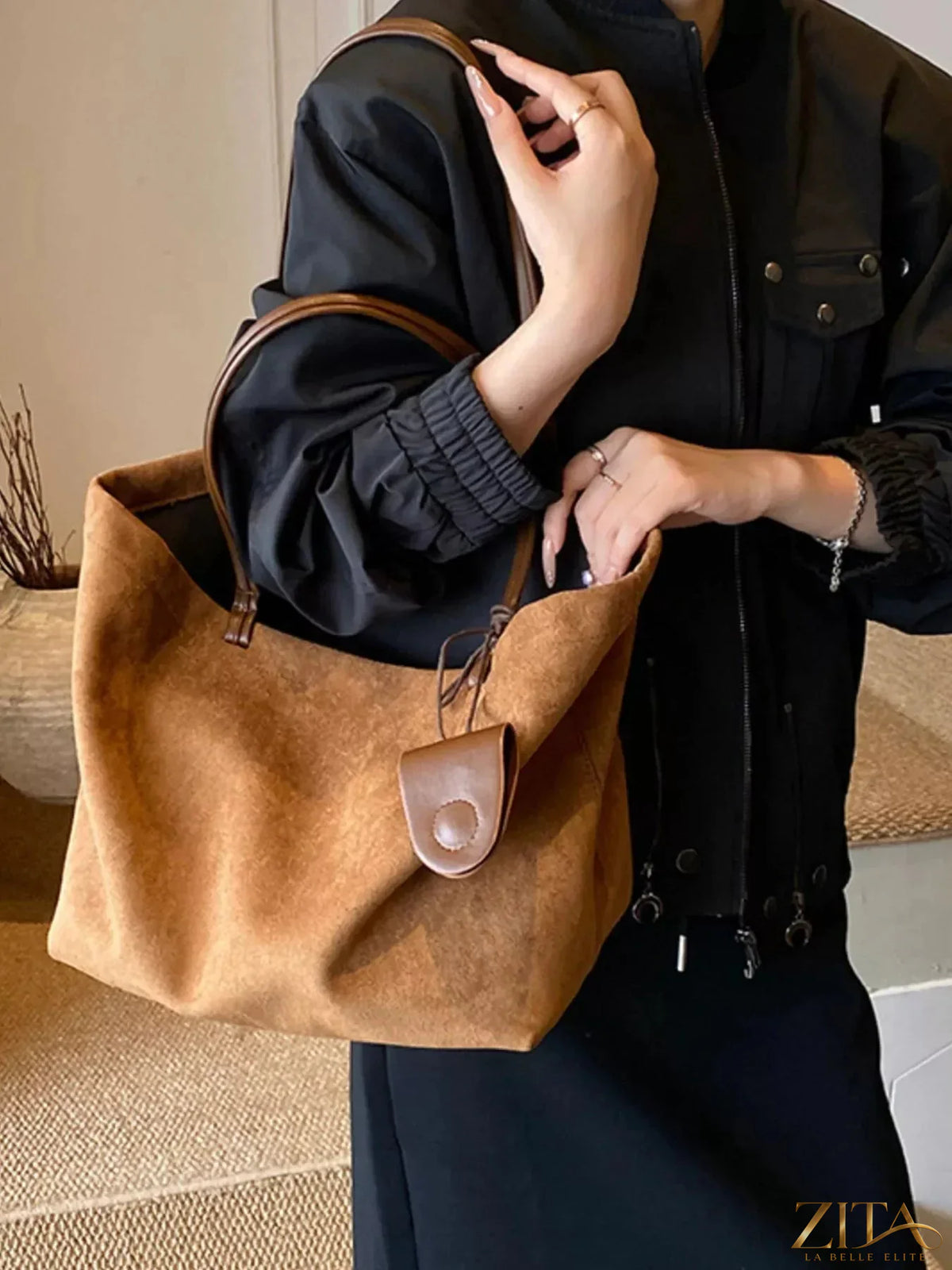 Zita La Belle Elite classic suede tote bag with sturdy handles and spacious interior, shown in a natural beige color.