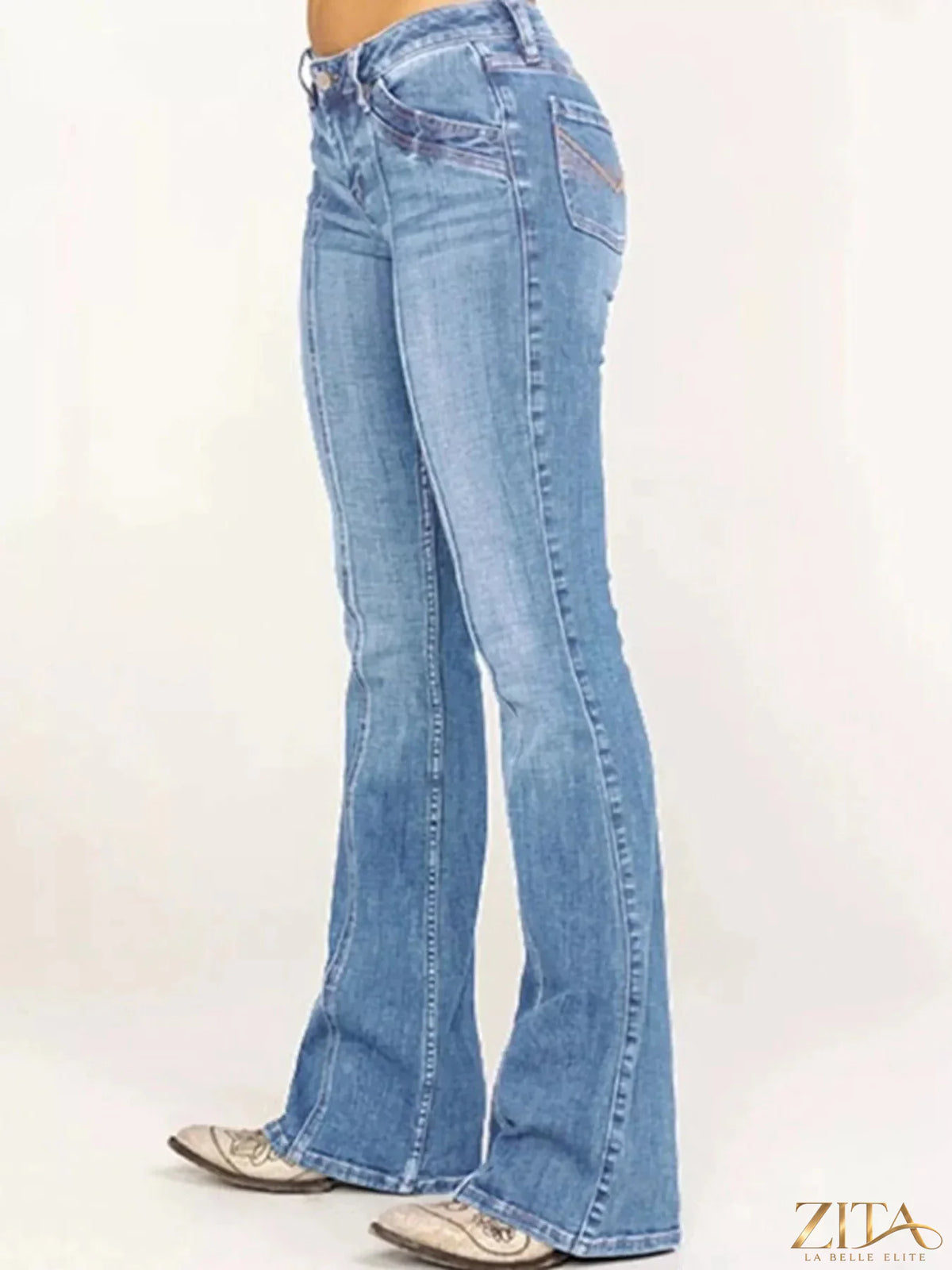 Zita La Belle Elite mid-rise bootcut jeans with classic denim wash and fitted waist, flaring slightly at the legs.