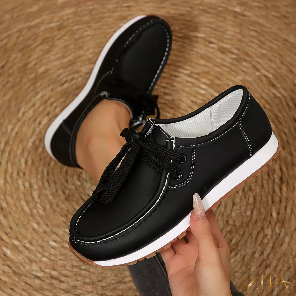 Zita La Belle Elite round toe lace-up sneakers in white with rubber sole and stylish design.