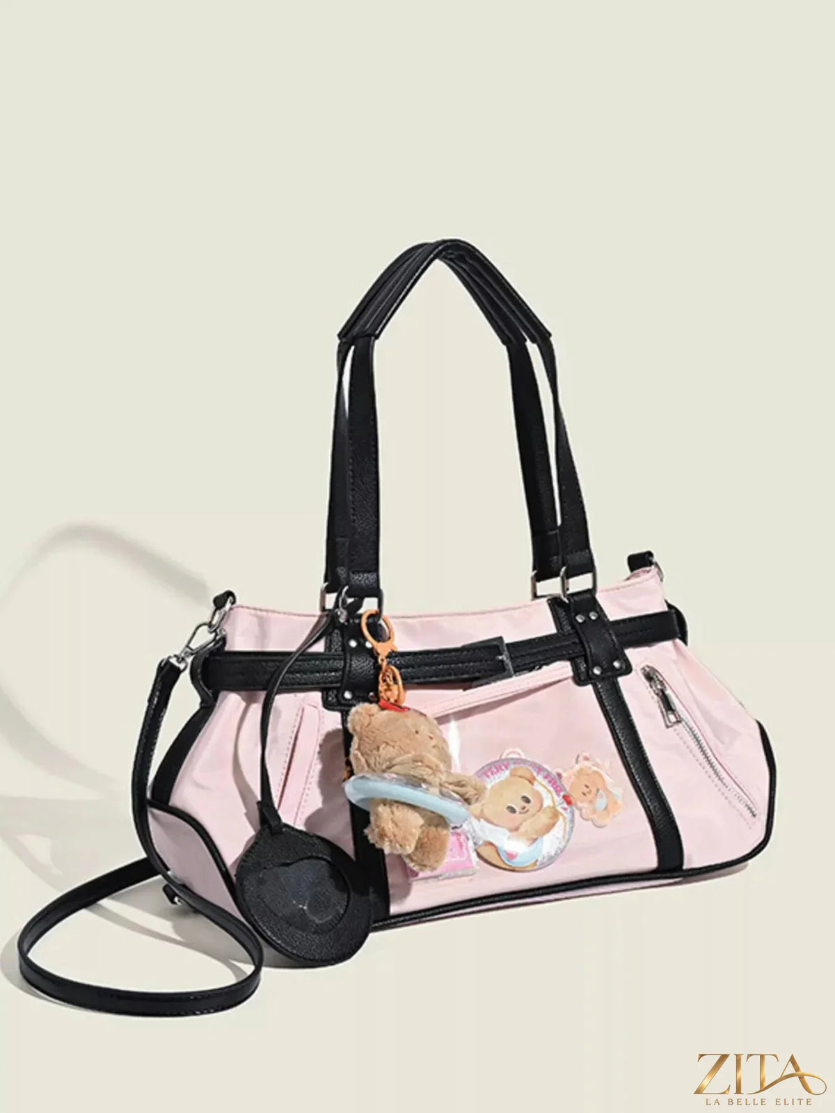 Lightweight Zita La Belle Elite Contrast Shoulder Bag with black and white color blocks, featuring a sleek design and adjustable shoulder strap.