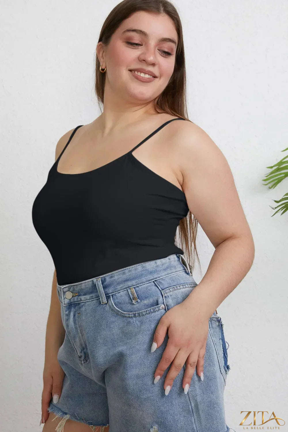 Zita La Belle Elite Basic Bae full size round neck slim cami in plus size, shown in black on a white background.