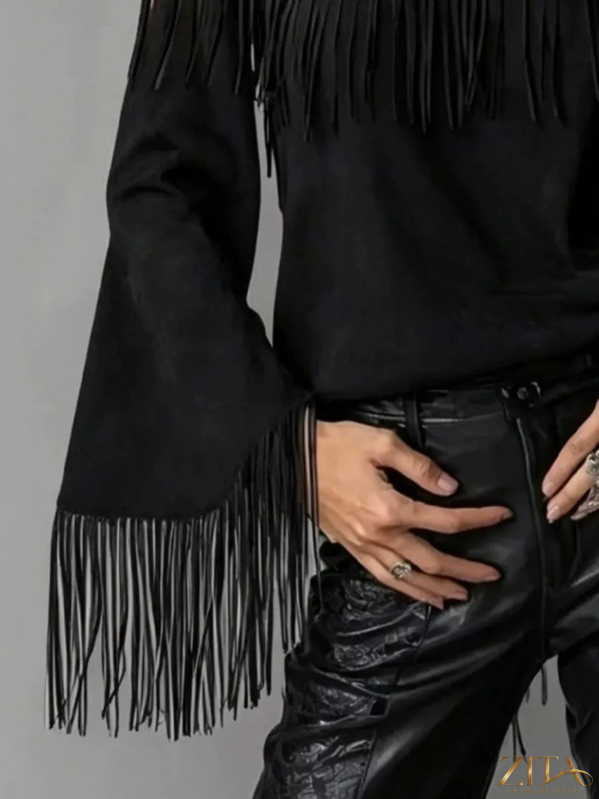 Zita La Belle Elite boho chic off-shoulder suede top with fringe detailing and relaxed fit, perfect for stylish casual wear.