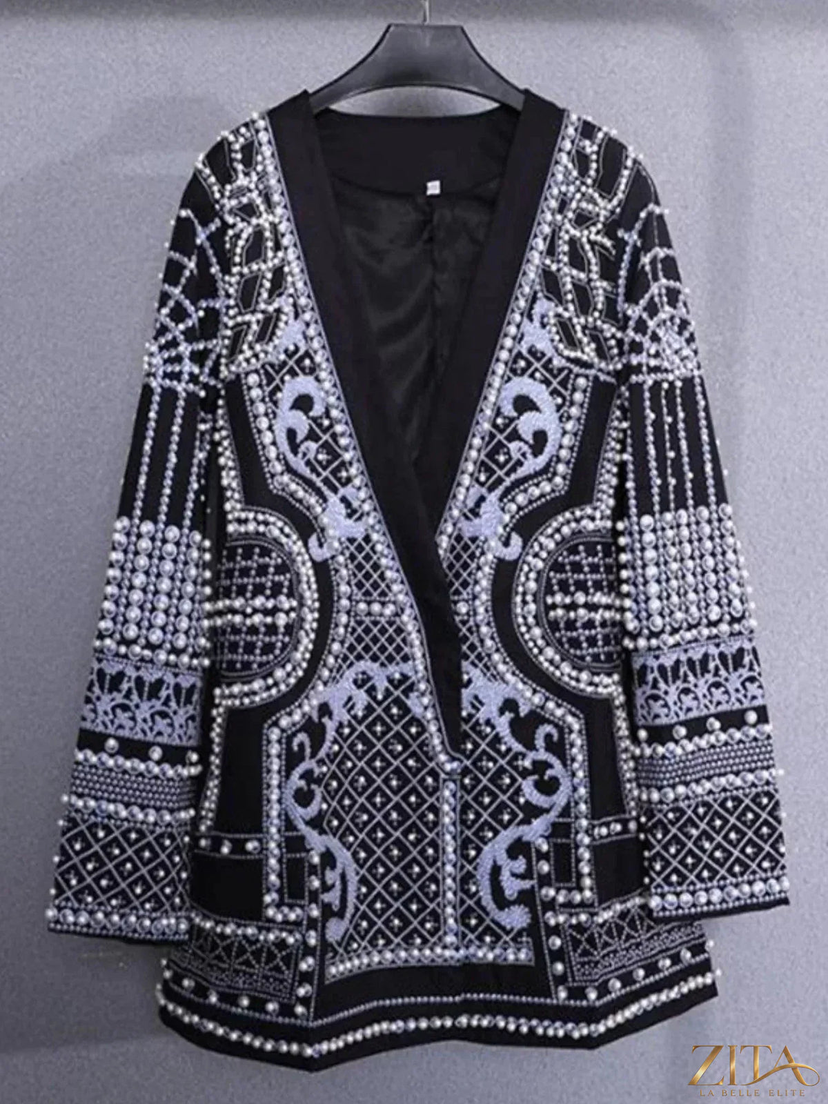 Plus size Zita La Belle Elite embellished pearl blazer with a single button, stylish tailored fit, and detailed pearl embellishments.