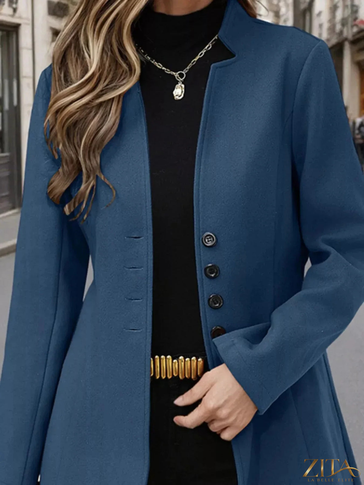 Zita La Belle Elite button-up long sleeve coat with tailored fit and classic collar, shown in a stylish, neutral fabric.
