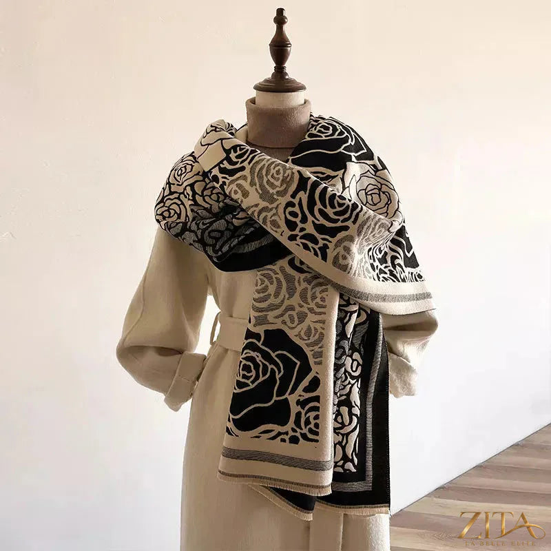 Zita La Belle Elite rose pattern raw hem scarf featuring delicate floral design and fringed edges in soft, lightweight fabric.