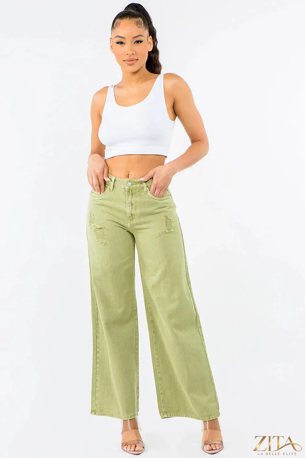 Zita La Belle Elite American Bazi high waist distressed wide leg jeans with ripped details and relaxed fit.