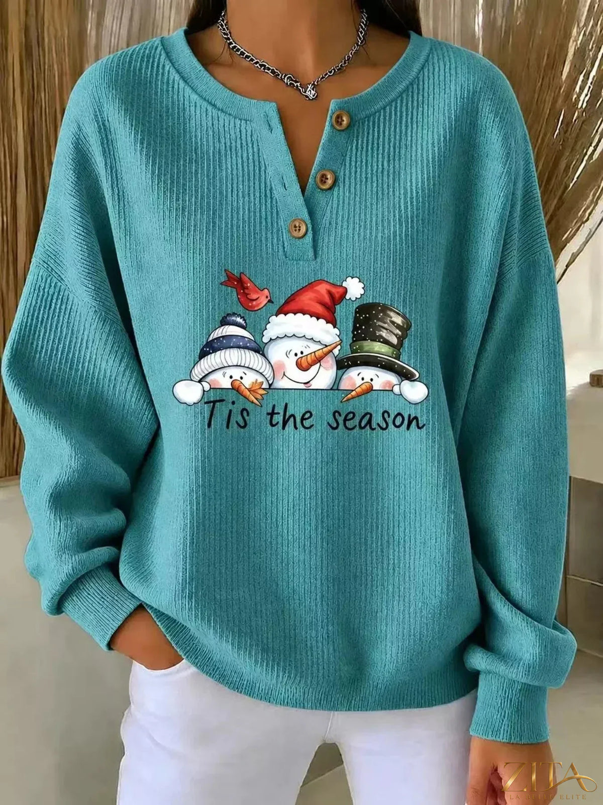 Plus size Snowman graphic ribbed Henley sweatshirt by Zita La Belle Elite featuring a cozy design and winter-themed snowman print.