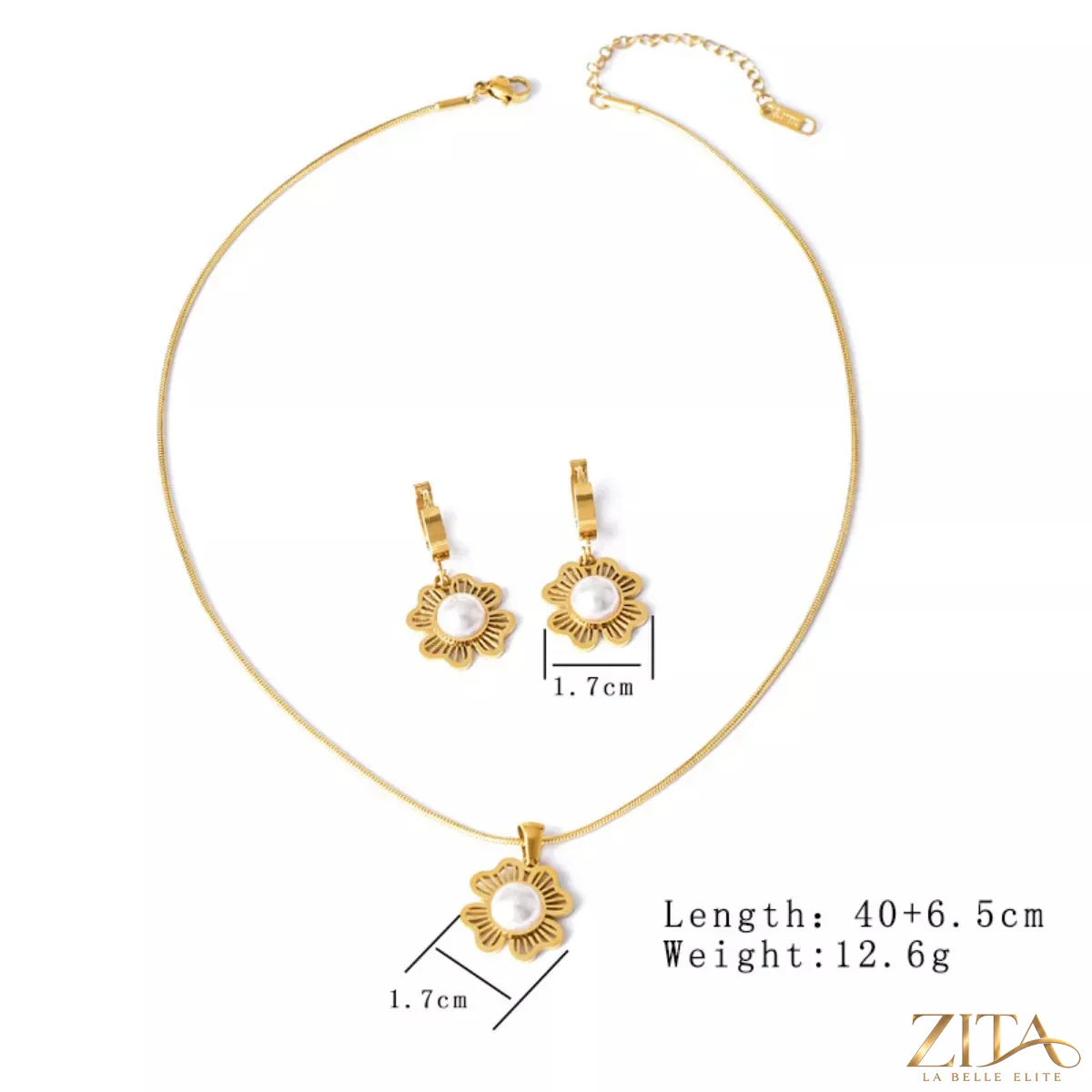 18K gold-plated flower jewelry set featuring earrings and necklace with intricate floral designs, stylish and elegant.