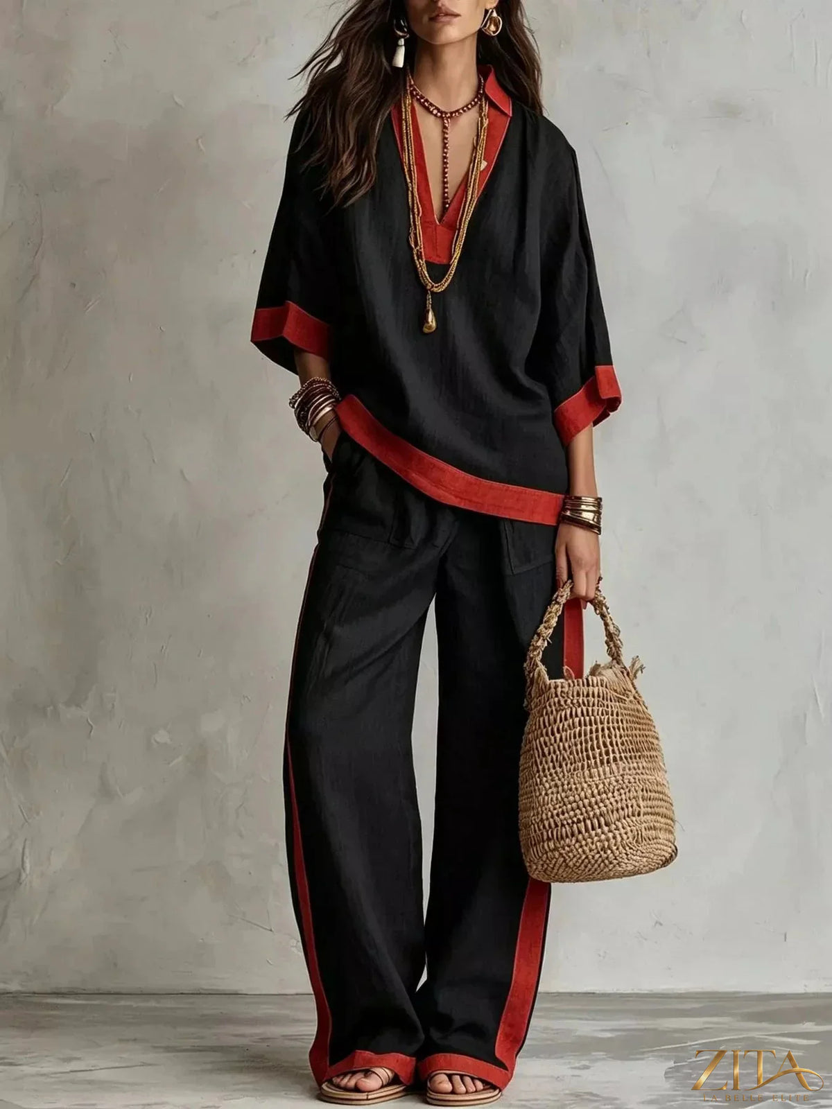 Plus size Zita La Belle Elite contrast trim top and wide-leg pants set, featuring a stylish matching ensemble with bold trim details.