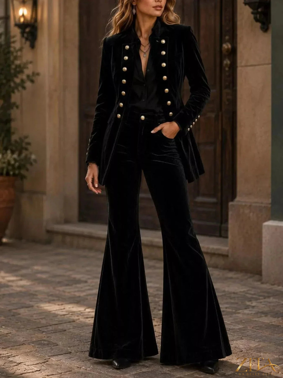 Zita La Belle Elite velvet double-breasted blazer and flare pants set, stylish formal outfit with rich fabric and tailored fit.