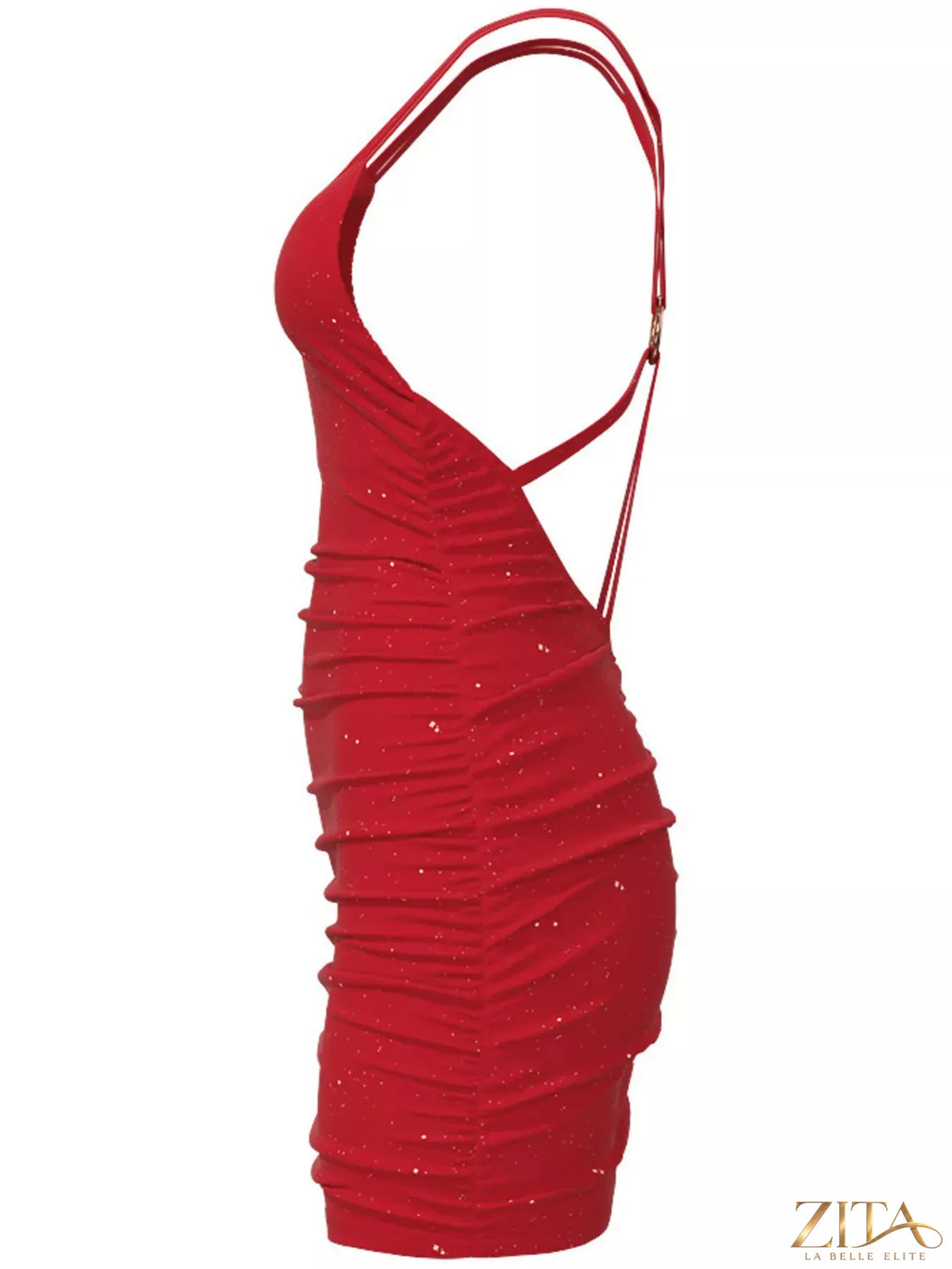 Shimmering glitter ruched bodycon mini dress by Trendsi featuring a form-fitting design and stylish ruching details.