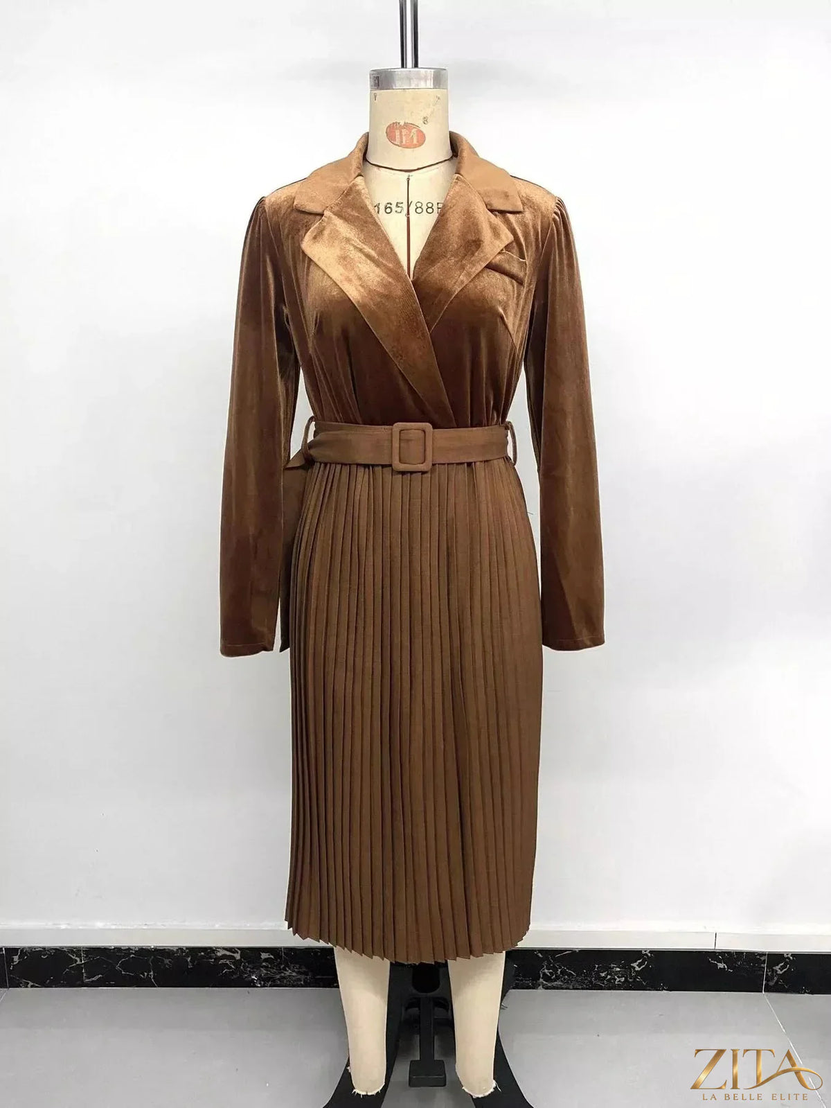 Velvet pleated midi blazer dress by Zita La Belle Elite, featuring a structured silhouette and elegant design.