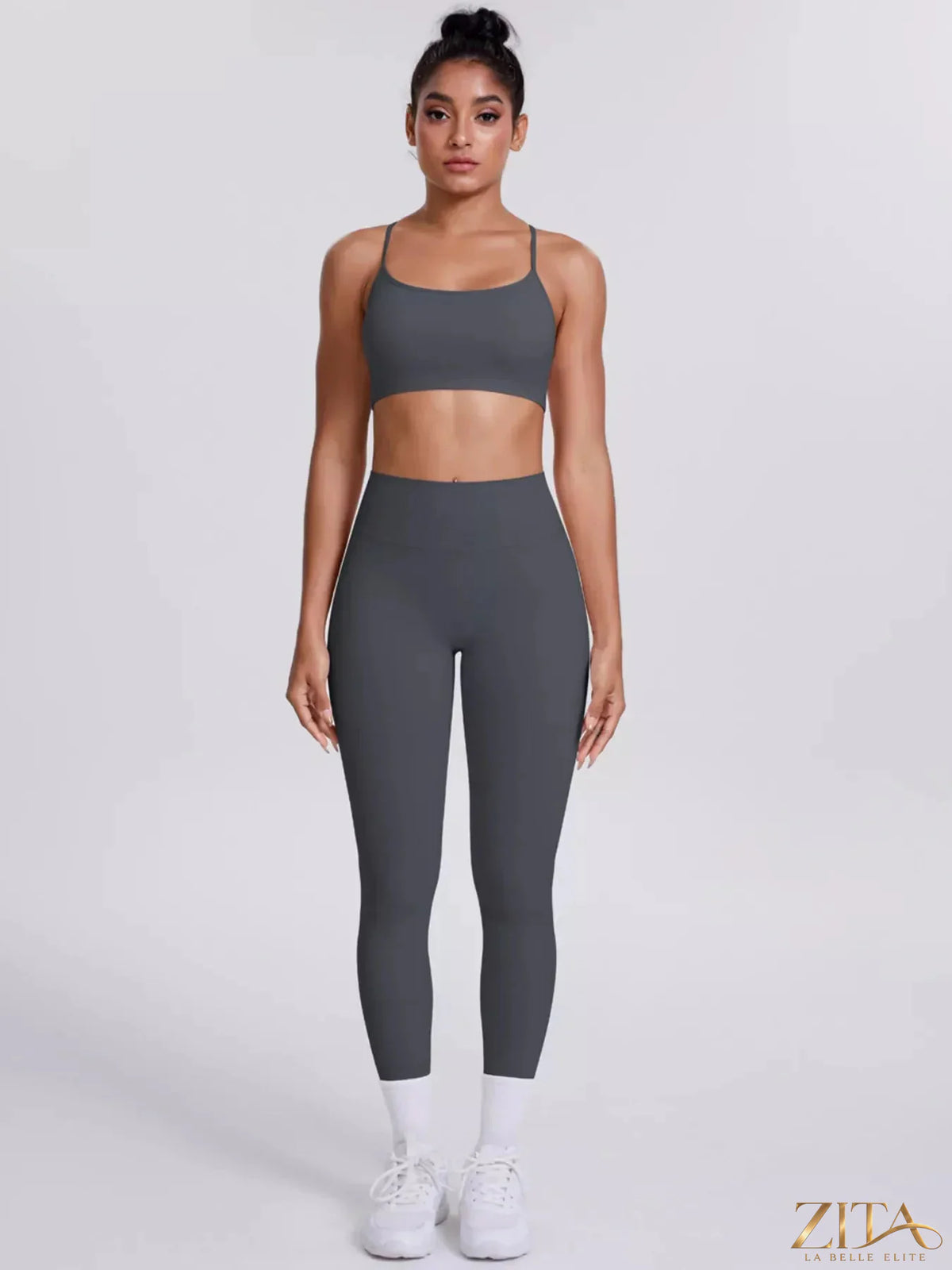 Zita La Belle Elite criss-cross back cami and matching leggings active set, black sportswear for workout and yoga.
