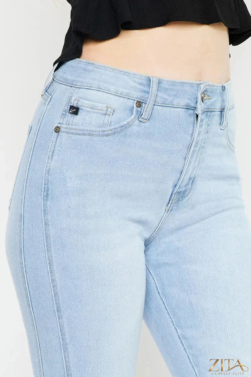 Zita La Belle Elite Kancan high rise curvy flare jeans shown on a model, featuring a dark wash and fitted waist.
