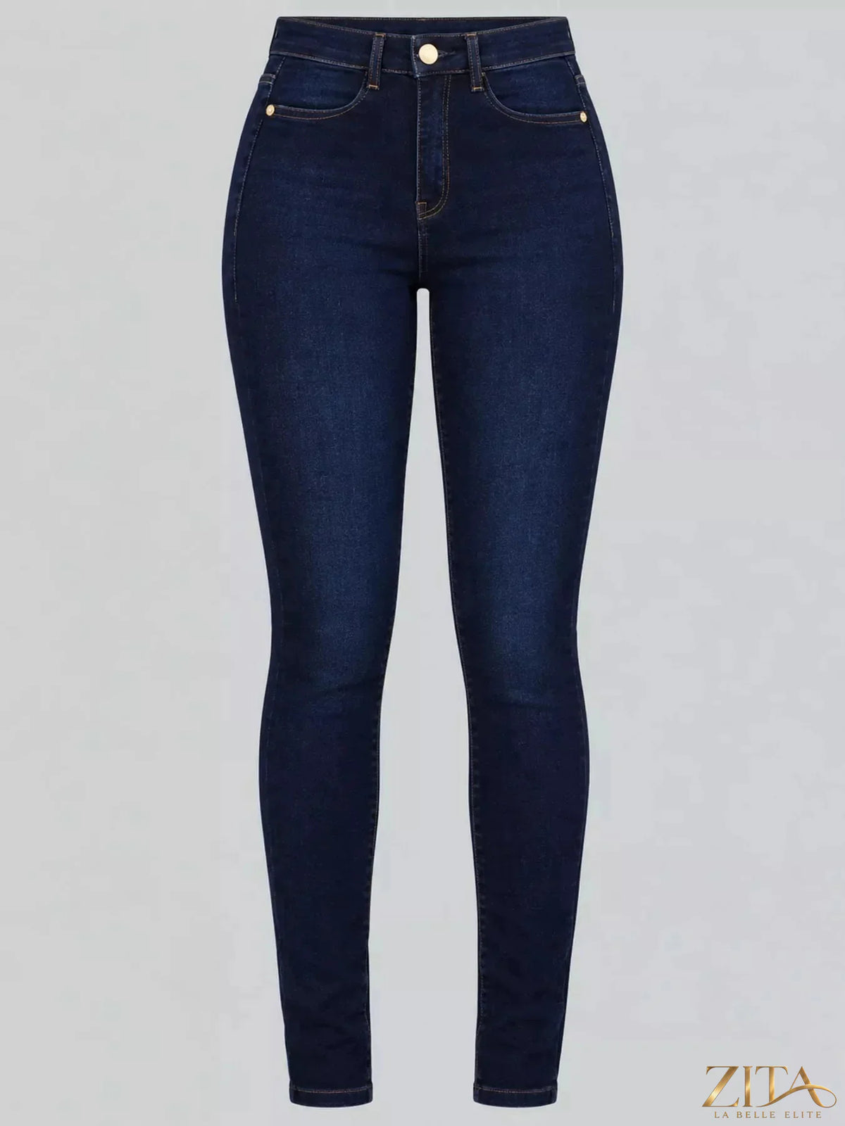 Zita La Belle Elite high-waisted sculpting skinny jeans in dark denim, close-up showing fit and stitching details.