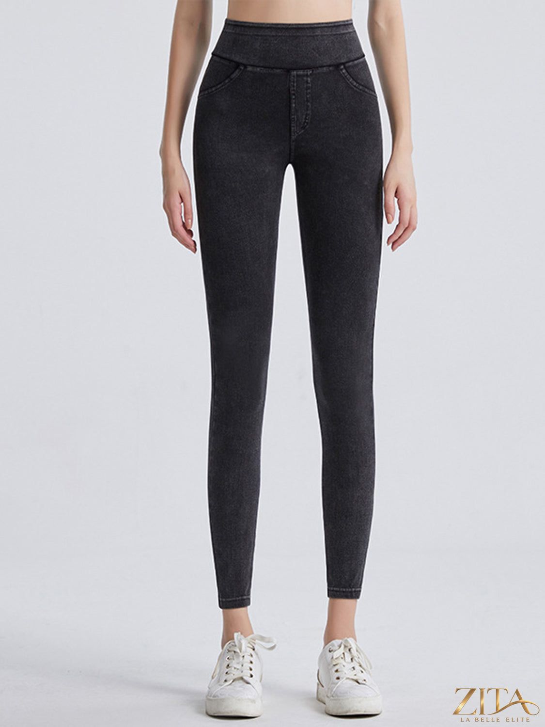 Trendsi wide waistband sports leggings in black, featuring a high-rise design and stretchy fabric for active wear and comfort.