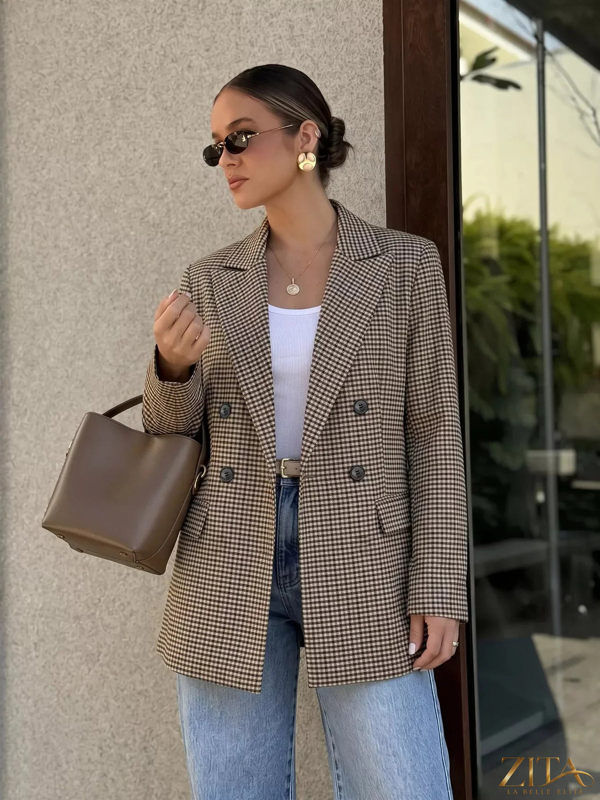 Zita La Belle Elite plaid lapel collar double-breasted blazer showing front view with tailored fit and stylish design.
