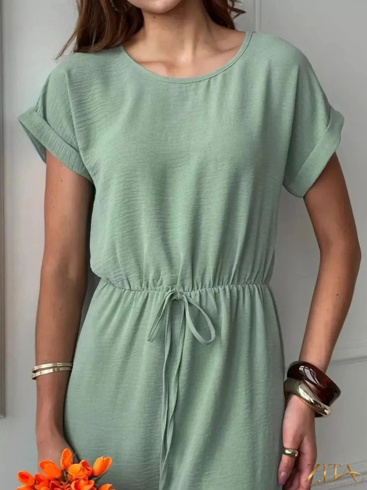 Zita La Belle Elite casual midi dress with drawstring waist, lightweight fabric, and relaxed fit, shown on a model.