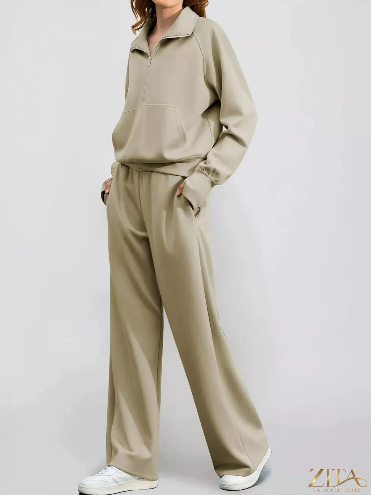 Zita La Belle Elite half-zip sweatshirt and wide-leg pants set, casual athleisure outfit, in soft fabric with relaxed fit.