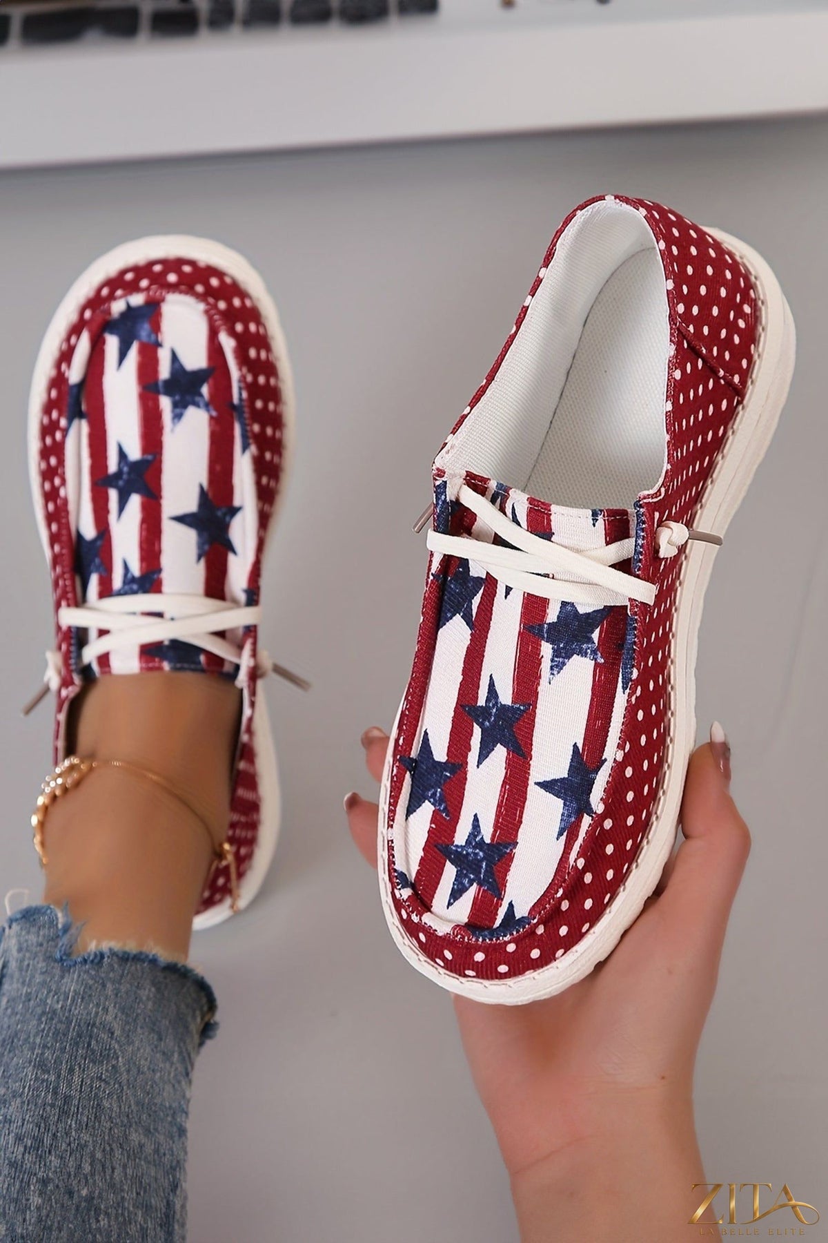 Zita La Belle Elite women's casual shoes featuring red polka dots, stars, and stripes for Independence Day celebration.