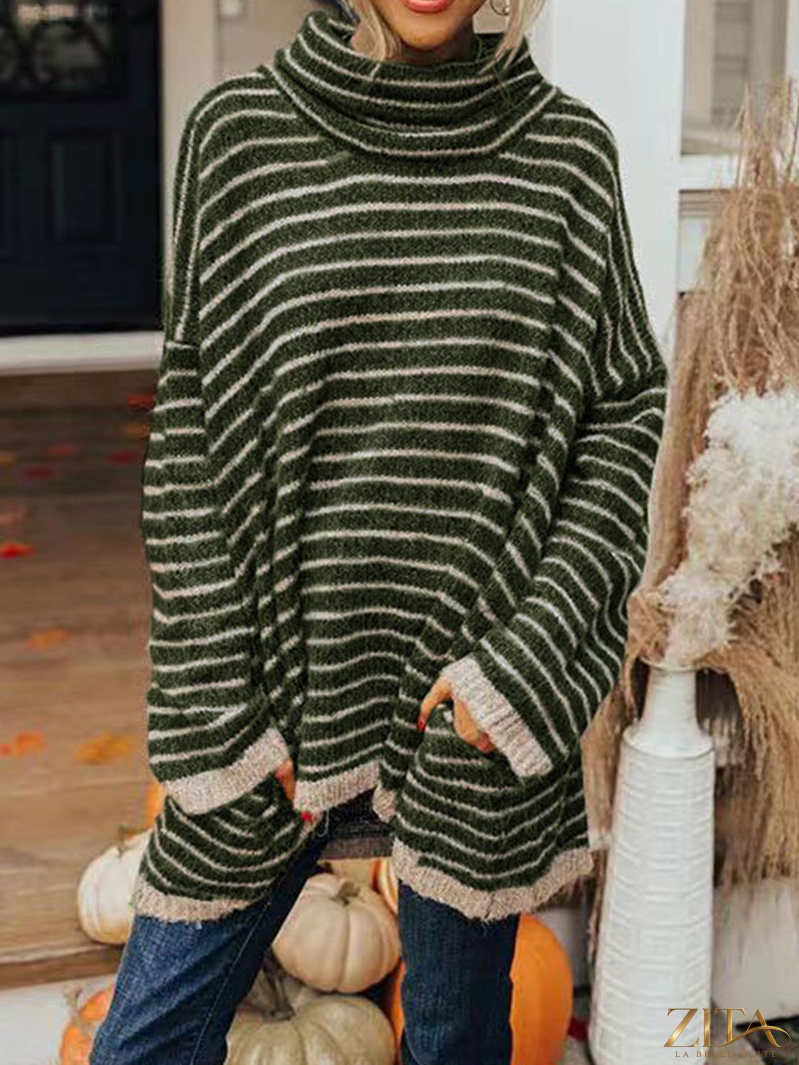 Zita La Belle Elite striped turtleneck sweater with pockets, featuring a fitted design and bold horizontal stripes.