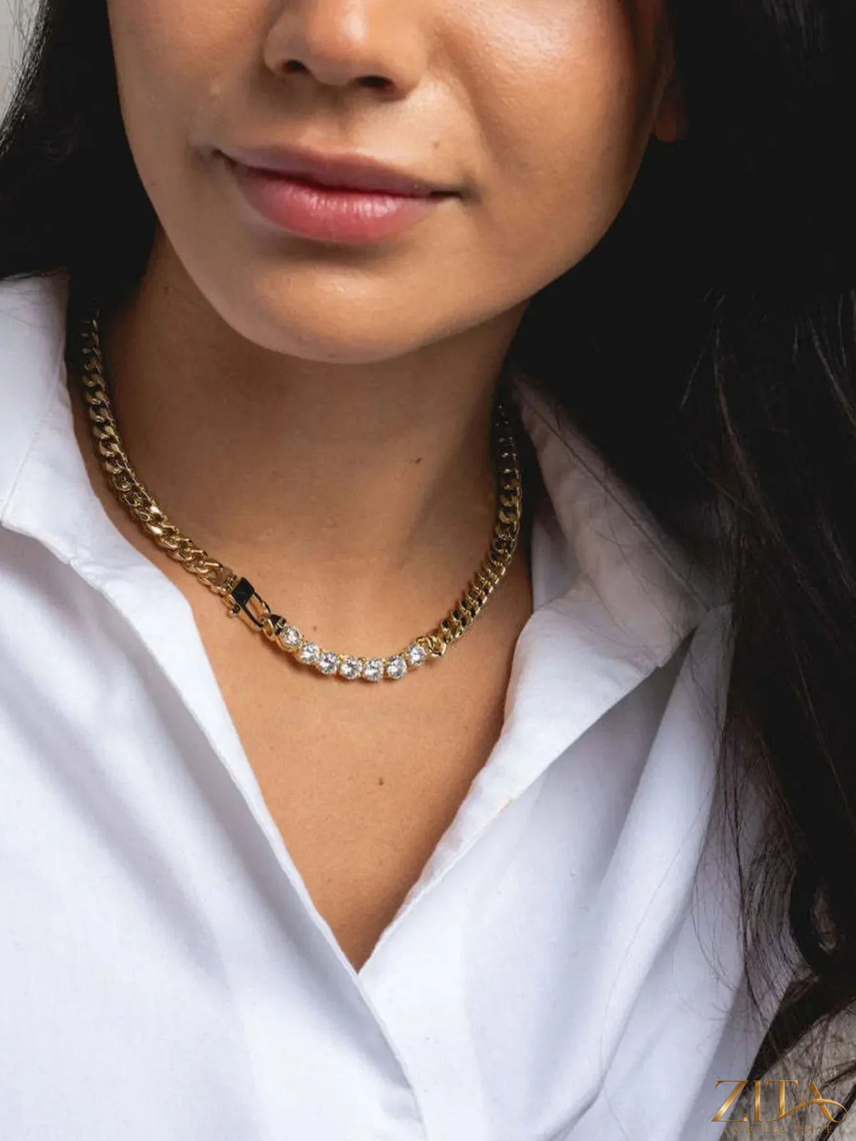 18K gold-plated zircon necklace and bracelet jewelry set with matching pieces and sparkling stones on a white background.