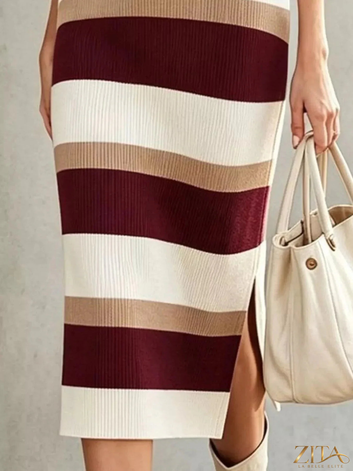 Zita La Belle Elite striped polo collar long sleeve sweater dress with ribbed cuffs and hem, featuring multicolor horizontal stripes.