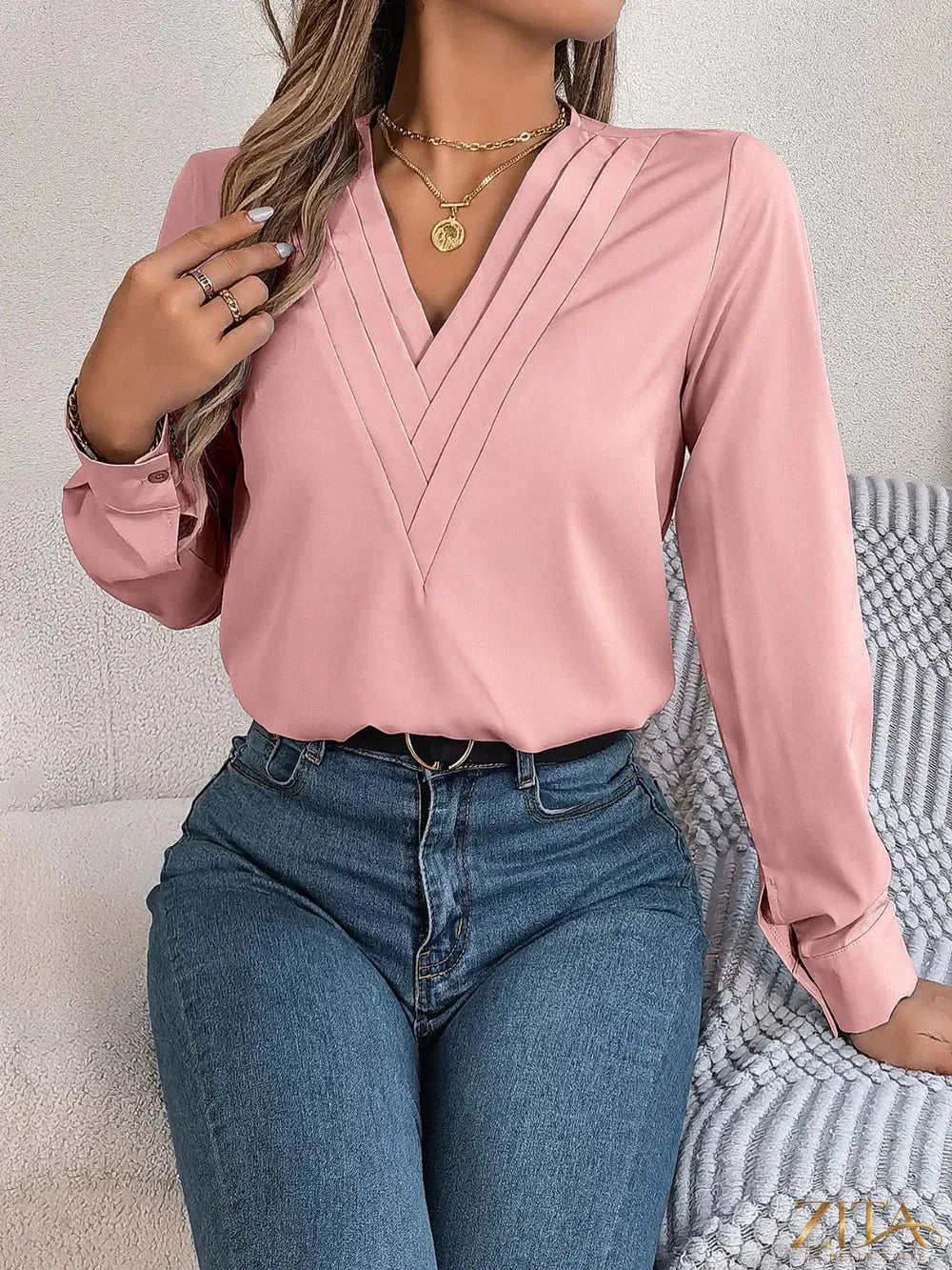 Zita La Belle Elite V-neck long sleeve blouse with soft fabric and fitted silhouette, shown on a white background.