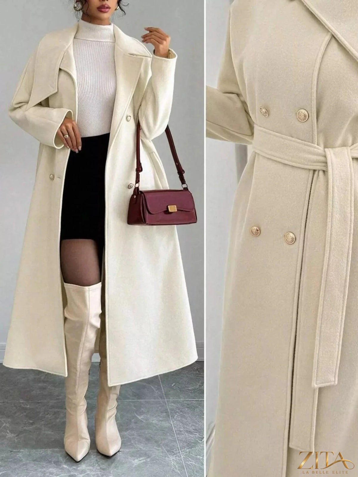 Zita La Belle Elite double-breasted longline coat in neutral fabric, featuring a tailored fit and classic lapel collar.