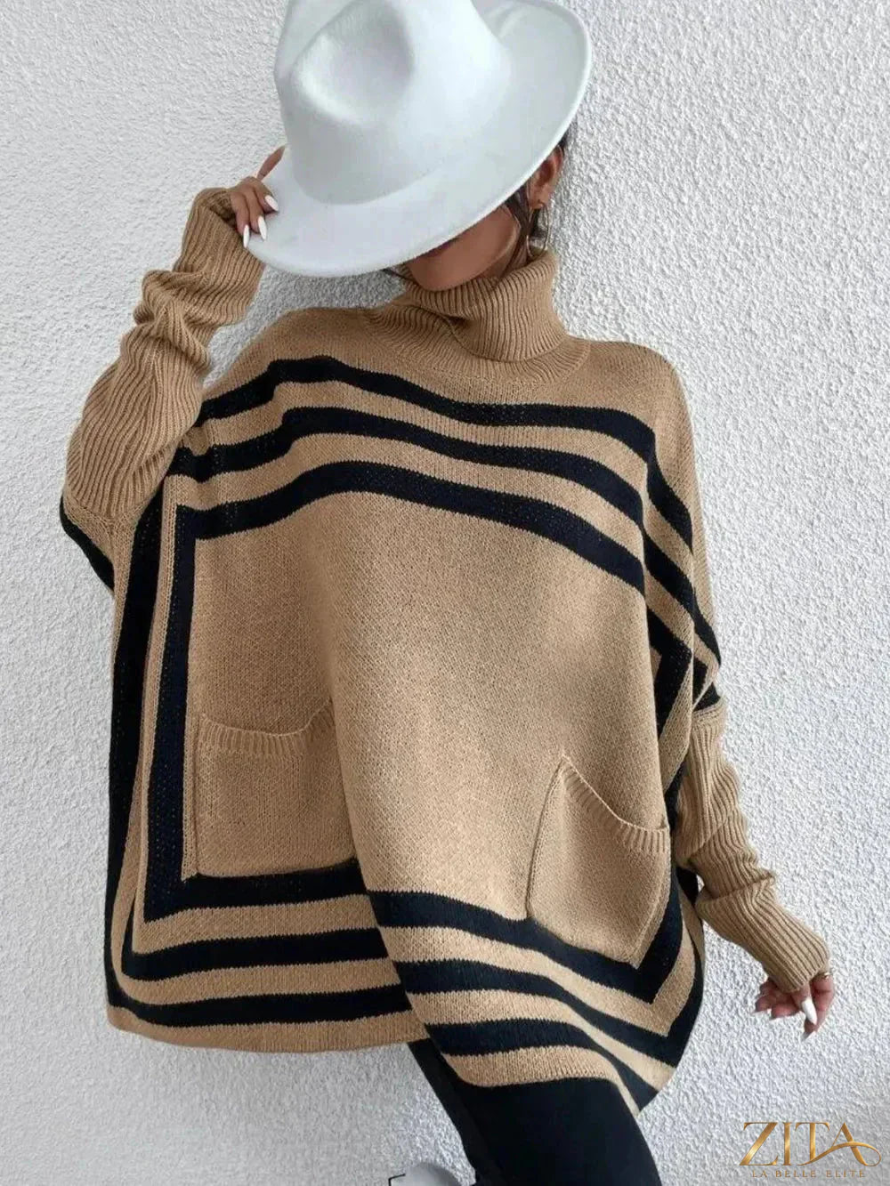 Striped turtleneck batwing sleeve sweater with pockets from Trendsi, featuring bold stripes and cozy knit fabric.